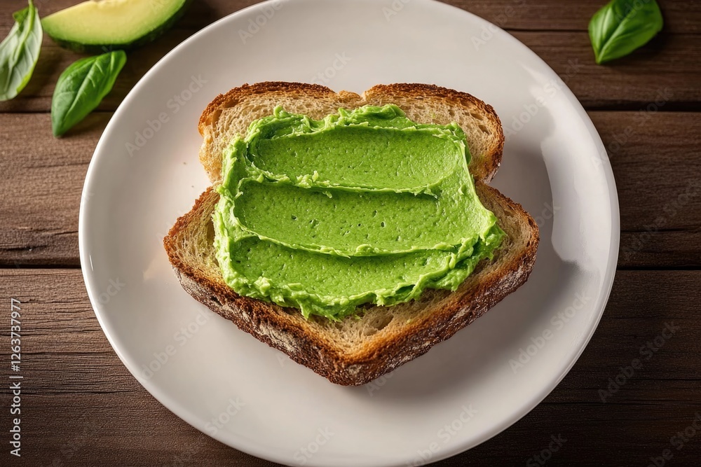 Freshly smashed avocado spread on toasted bread with basil garnish Freshly smashed avocado spread on toasted bread with basil garnish
