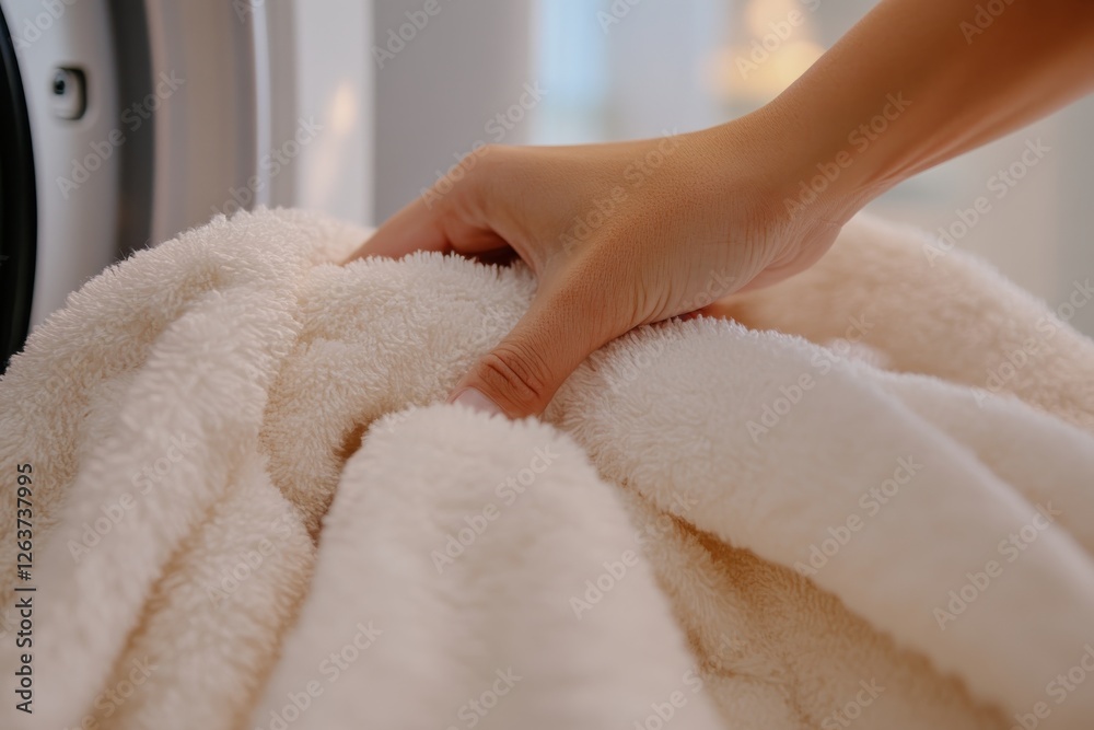 A hand gently placing a fluffy, soft blanket into a washing machine, highlighting the care taken in maintaining cozy textiles for a fresh and clean home experience. A hand gently placing a fluffy, soft blanket into a washing machine, highlighting the care taken in maintaining cozy textiles for a fresh and clean home experience.