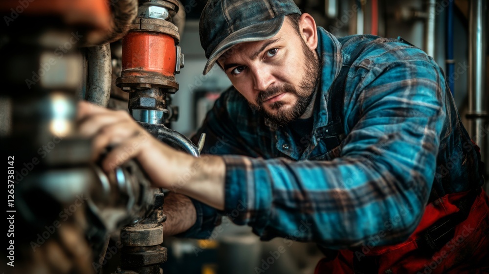 Plumber man with pipes and a wrench, working confidently Plumber man with pipes and a wrench, working confidently