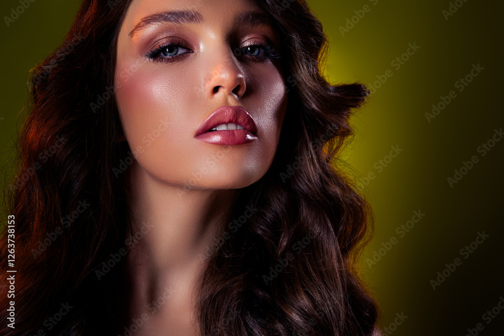 Fototapeta premium Close-up of a glamorous brunette woman in elegant makeup against a dark green background