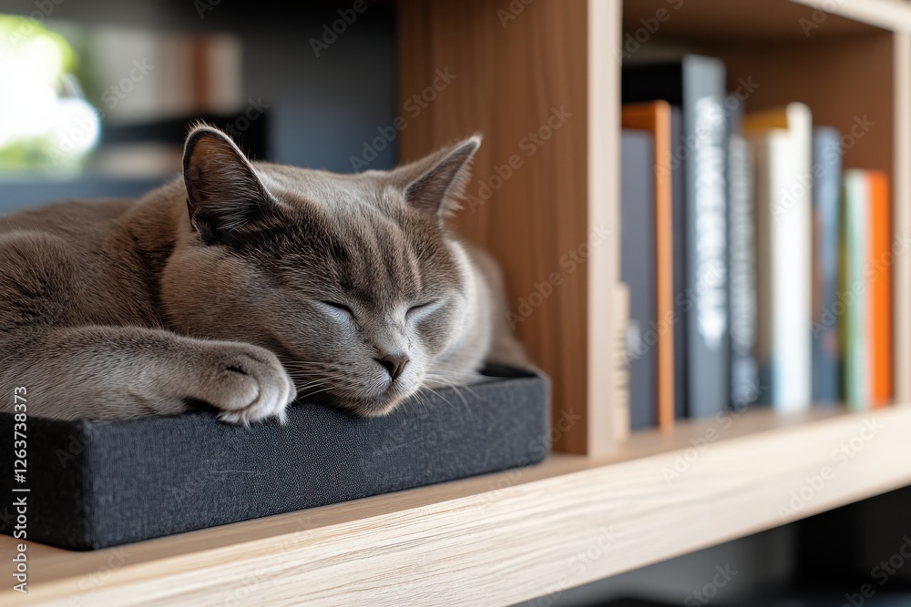 A serene scene of a grey cat peacefully sleeping on a shelf, surrounded by books. The soft light creates a calm atmosphere perfect for relaxation and tranquility. A serene scene of a grey cat peacefully sleeping on a shelf, surrounded by books. The soft light creates a calm atmosphere perfect for relaxation and tranquility.