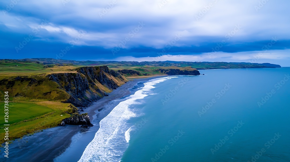 Aerial View Of Dramatic Coastline With Dark Cliffs And Waves Aerial View Of Dramatic Coastline With Dark Cliffs And Waves