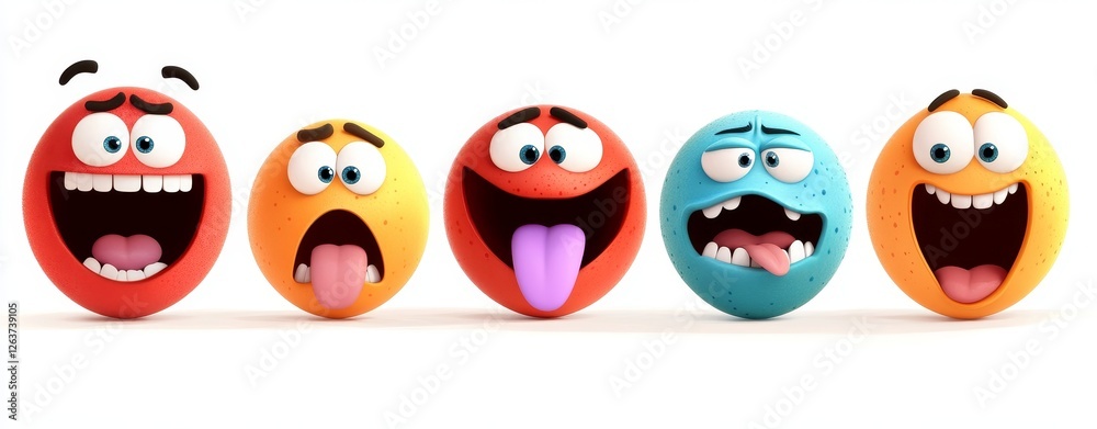 Obraz premium A series of hand-drawn cartoon mouths displaying smiles, happiness, and sadness, complete with tongue caricatures, created as humorous emoji icons in a comic doodle style, representing contemporary