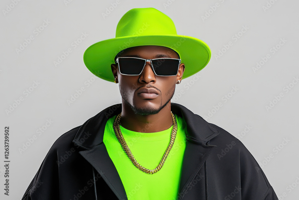 Stylish man in neon green outfit with oversized hat and sunglasses posing confidently against a neutral background showcasing modern fashion aesthetics Stylish man in neon green outfit with oversized hat and sunglasses posing confidently against a neutral background showcasing modern fashion aesthetics