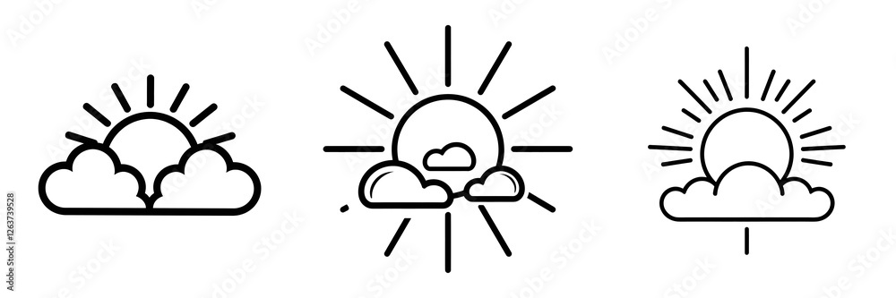 Simple black and white sun, cloud weather icons displaying meteorological conditions against transparent backdrop Simple black and white sun, cloud weather icons displaying meteorological conditions against transparent backdrop