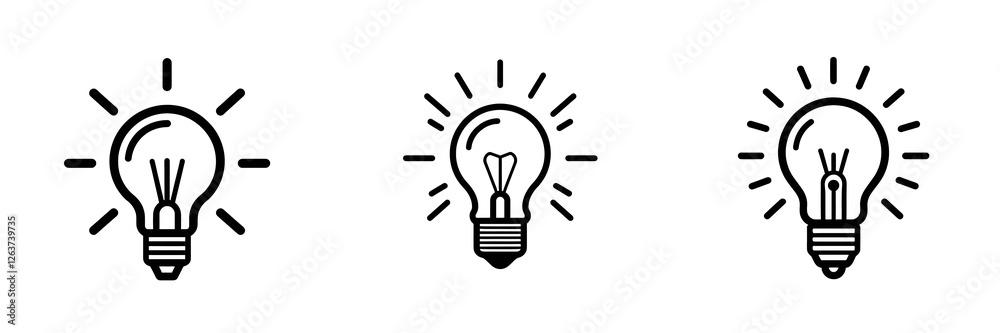 Set of three light bulbs shining, representing new ideas, solutions and creativity Set of three light bulbs shining, representing new ideas, solutions and creativity