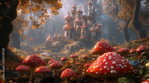 Magical mushroom garden enchanted forest castle fantasy landscape autumn wonderland vibrant viewpoint whimsical concept
