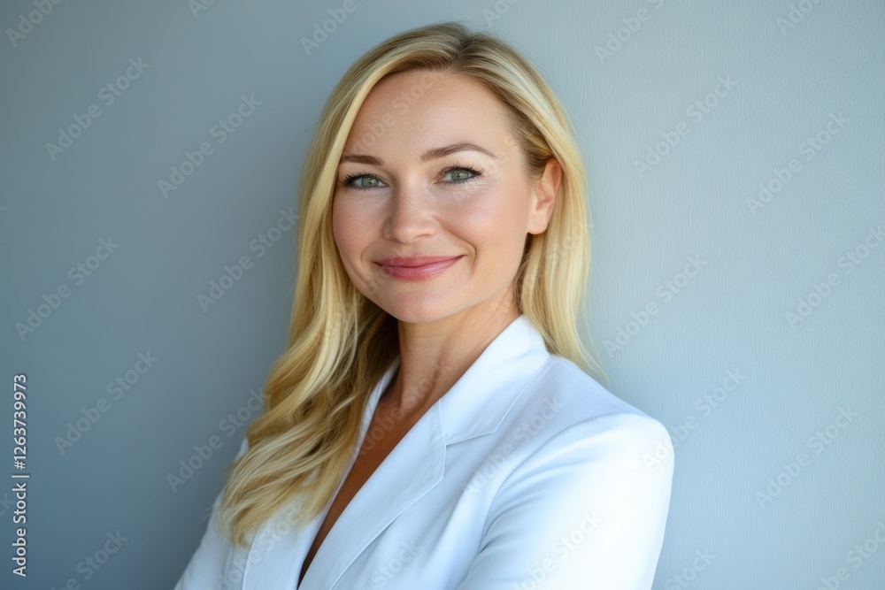 Caucasian young adult female in white suit with blond hair smiling Caucasian young adult female in white suit with blond hair smiling