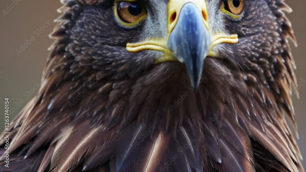 Slow Motion Close-Up Shot of an Eagle – Fixed Camera, Static Shot, Intense Focused Gaze, Sharp Curved Beak, Detailed Feather Texture, Majestic and Powerful Presence, Piercing Eyes, Serene Wildlife Slow Motion Close-Up Shot of an Eagle – Fixed Camera, Static Shot, Intense Focused Gaze, Sharp Curved Beak, Detailed Feather Texture, Majestic and Powerful Presence, Piercing Eyes, Serene Wildlife