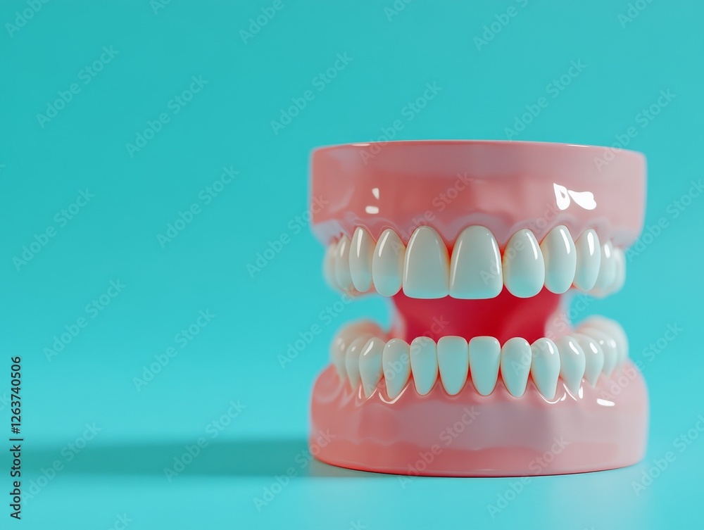 Obraz premium A humorous concept depicted in a studio photograph of a dental model with playful artificial teeth and a vibrant, close-up background