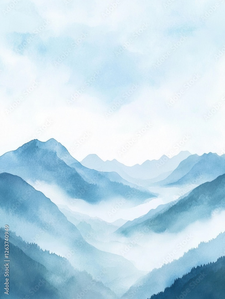 Fototapeta premium Serene blue mountain landscape with layered peaks and misty valleys under a tranquil sky during early morning light. Generative AI