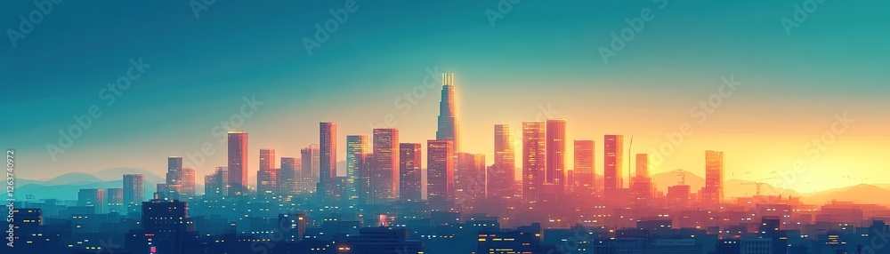 Fototapeta premium Sunrise skyline view urban city digital art futuristic environment panoramic perspective vibrant concept