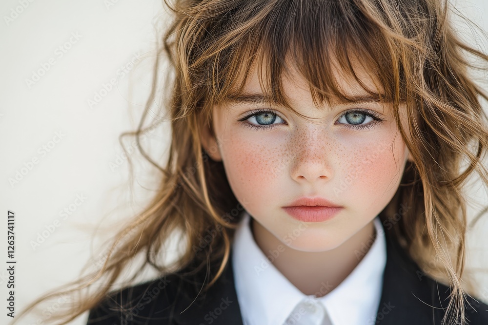 Young girl with striking blue eyes and tousled hair poses confidently against a simple backdrop Young girl with striking blue eyes and tousled hair poses confidently against a simple backdrop