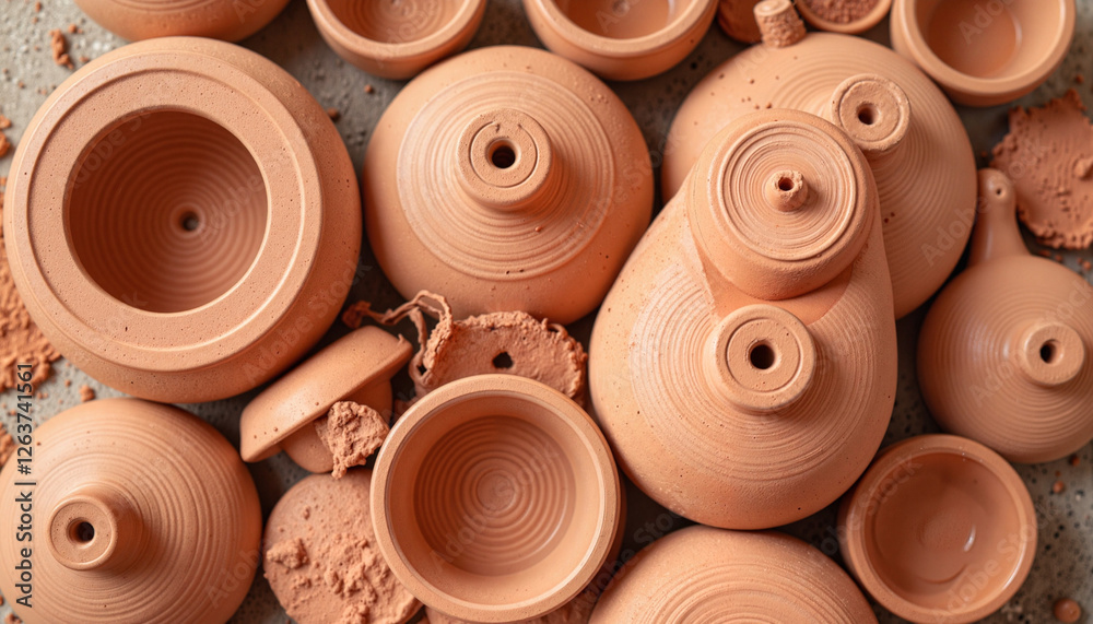 Handcrafted clay pottery collection on textured surface, artisanal beauty Handcrafted clay pottery collection on textured surface, artisanal beauty