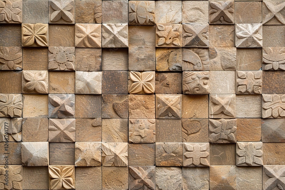 Close-up of intricately carved stone tiles in warm hues, creating a beautiful mosaic pattern.