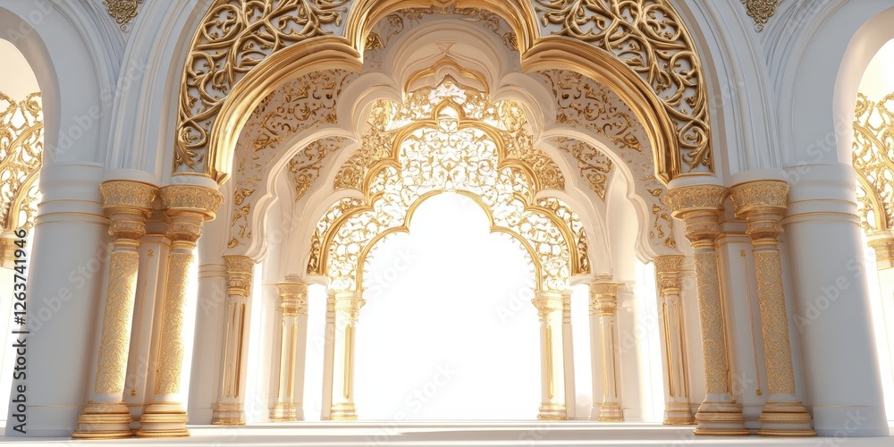 An exquisite 3D render showcases an ornate archway against a pristine white backdrop. Intricate gold and white designs weave together in mesmerizing detail, creating a stunning visual feast An exquisite 3D render showcases an ornate archway against a pristine white backdrop. Intricate gold and white designs weave together in mesmerizing detail, creating a stunning visual feast
