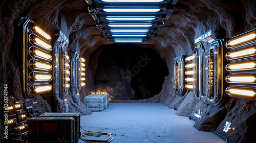 A tunnel filled with lots of lights in a cave