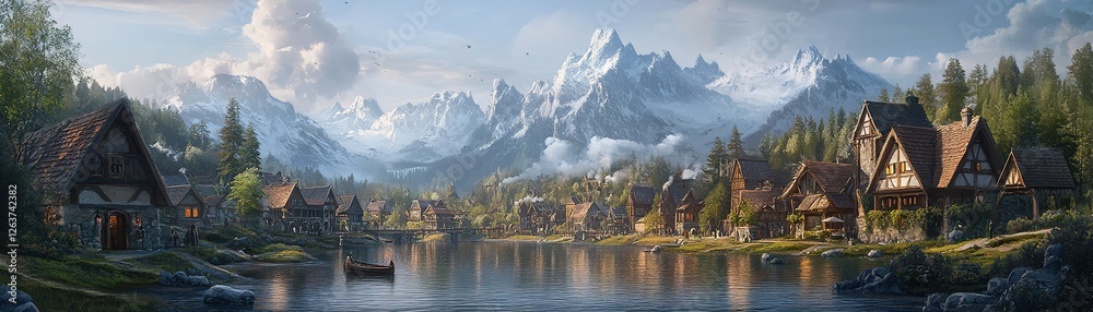 Fototapeta premium Tranquil lake reflection serene mountain village digital art nature panoramic view peaceful landscape