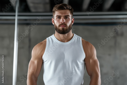 Wallpaper Mural Muscular young man with beard in white tank top standing confidently in gym with modern architecture and industrial decor in background Torontodigital.ca
