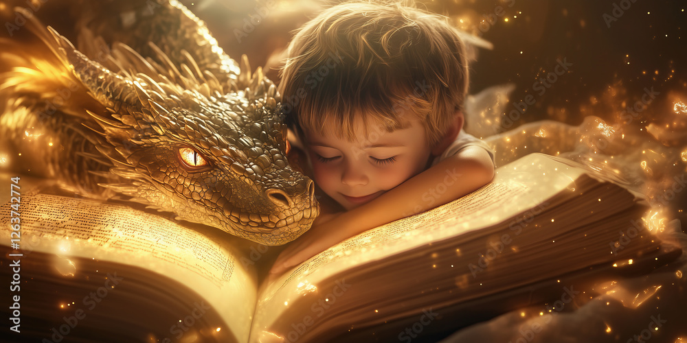 Little child sleeping on a fairytale book about magical adventures. Kid hugging a dragon while reading fantasy story, surrounded with mystical glow. Encouraging kids to read books.
