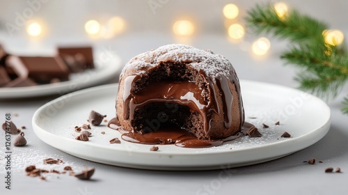chocolate souffle, chocolate filling, bokeh lights 
