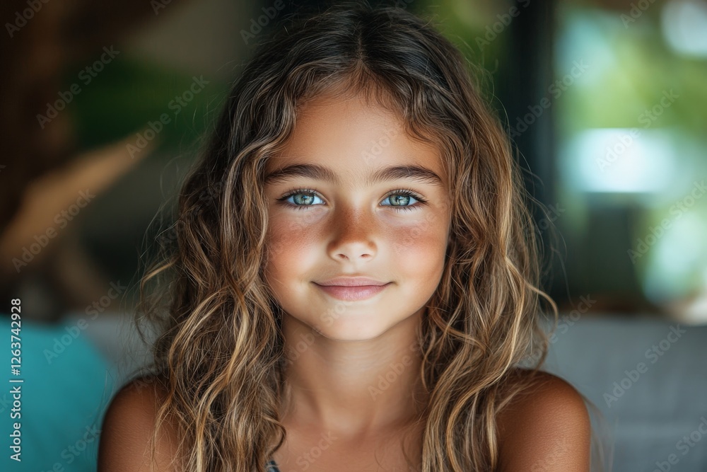 Girl with beautiful blue eyes and wavy hair enjoys summer indoors in a bright natural setting with soft light illuminating her face Girl with beautiful blue eyes and wavy hair enjoys summer indoors in a bright natural setting with soft light illuminating her face