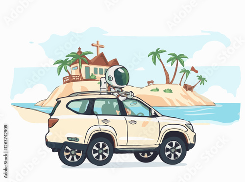 SUV Driving through Tourist Island with Astronaut