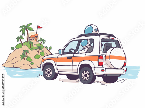 SUV Driving through Tourist Island with Astronaut