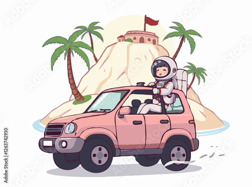 SUV Driving through Tourist Island with Astronaut