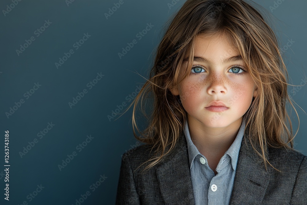 Young child with striking blue eyes poses thoughtfully against a neutral background wearing a tailored suit jacket Young child with striking blue eyes poses thoughtfully against a neutral background wearing a tailored suit jacket