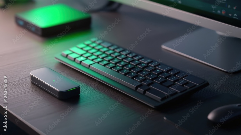 A closeup of a keyboard and mouse on a sleek desk with a portable hard drive labeled Secure Backup prominently p nearby. A green LED light from a router illuminates the area indicating A closeup of a keyboard and mouse on a sleek desk with a portable hard drive labeled Secure Backup prominently p nearby. A green LED light from a router illuminates the area indicating