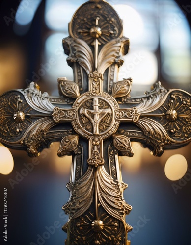 A detailed close-up of an antique processional cross made of gold and silver, featuring intricate engravings and religious symbols. The aged texture and craftsmanship reflect centuries of faith