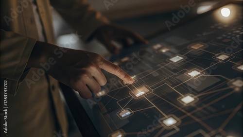 A userfocused angle showcasing an employees hand navigating a complex holographic network of business connections and resources with a soft light illuminating the display. photo