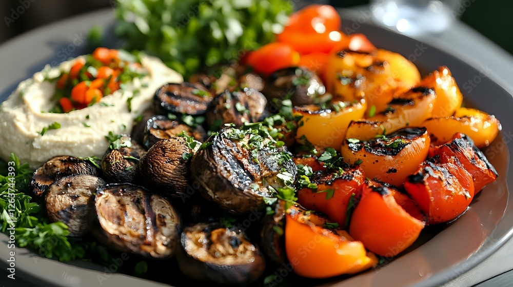 Grilled mushrooms and colorful bell peppers served on dark plate with creamy hummus dip and fresh herbs, Mediterranean appetizer platter for restaurant menu. Grilled mushrooms and colorful bell peppers served on dark plate with creamy hummus dip and fresh herbs, Mediterranean appetizer platter for restaurant menu.