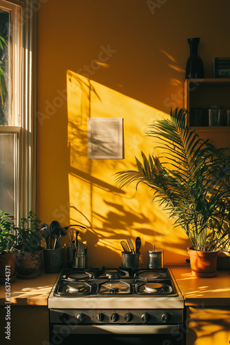Cozy kitchen with bright yellow walls and house plants on sunny day.