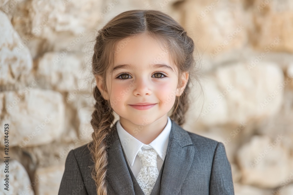 Young child dressed in formal attire smiles against a stone wall in a bright, cheerful setting Young child dressed in formal attire smiles against a stone wall in a bright, cheerful setting