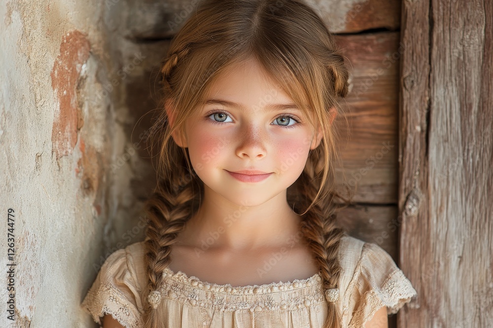 Fototapeta premium Young girl with braids poses cheerfully against a rustic wooden background in morning light