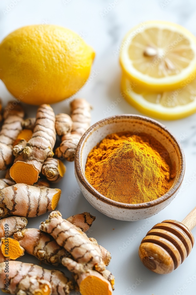 A minimalistic flat lay composition featuring fresh turmeric roots, turmeric powder in a bowl, honey, lemon slices, and a whole lemon A minimalistic flat lay composition featuring fresh turmeric roots, turmeric powder in a bowl, honey, lemon slices, and a whole lemon