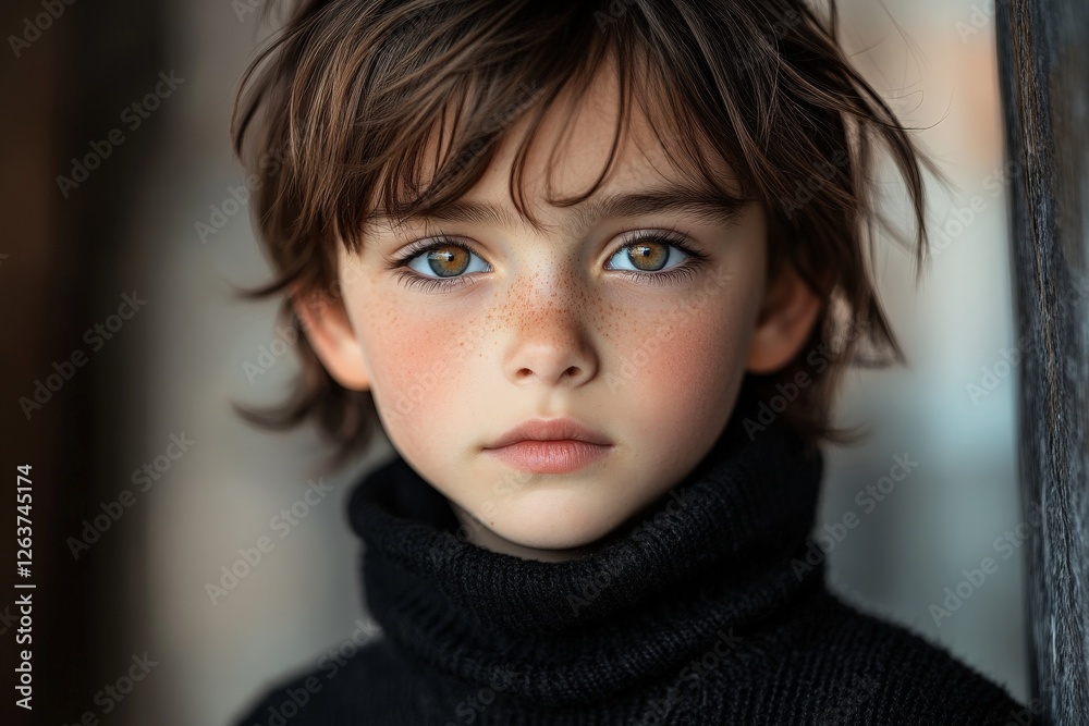 Portrait of a young child with expressive eyes and tousled hair wearing a black turtleneck sweater indoors Portrait of a young child with expressive eyes and tousled hair wearing a black turtleneck sweater indoors