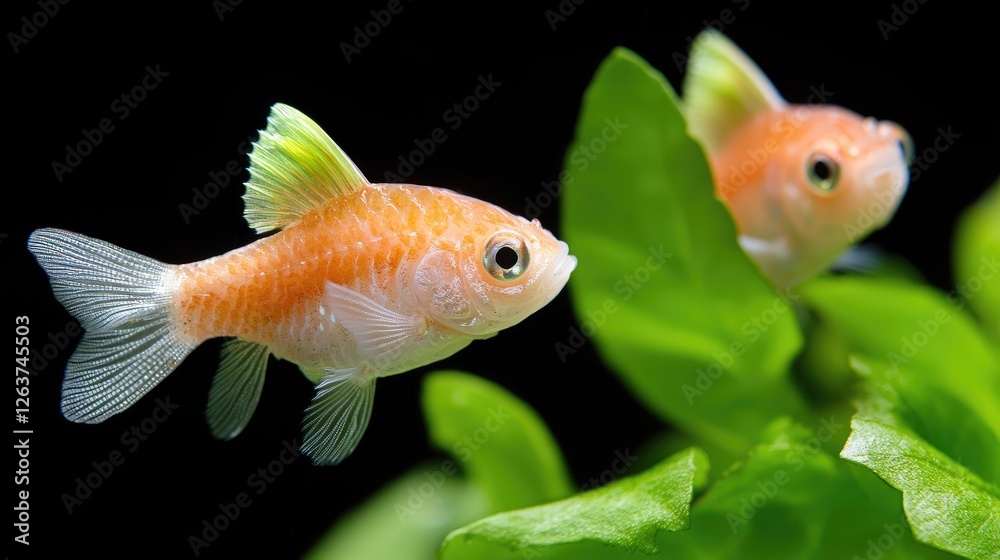 Two orange fish swim near green plants, aquarium background, pet shop image Two orange fish swim near green plants, aquarium background, pet shop image