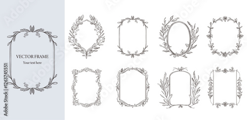 Floral Frame with ribbon and bow set . Hand drawn Botanical vector illustration. Flower wreath Black and white.