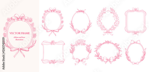 Floral Frame with ribbon and bow set . Pink color botanical vector illustration. Decorative border.