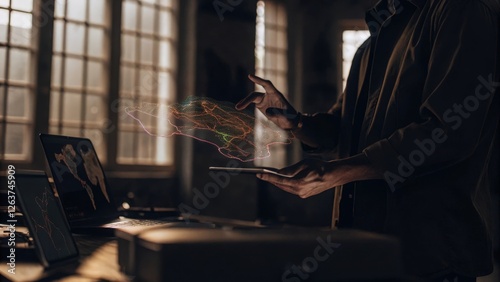 An individual using hand gestures to manipulate a colorful holographic data map showcasing geographical sales performance while standing in a modern workspace filled with tech