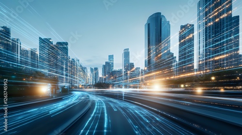 Modern cityscape with light trails and motion blur effect on empty highway, illuminated skyscrapers at dusk create futuristic urban landscape.