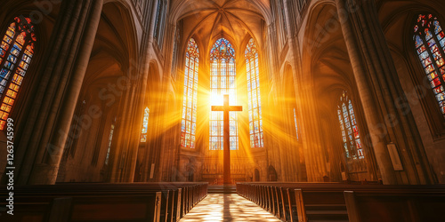 Cross on a backdrop of stained glass windows in a church. Christian cross glowing in rays of sunshine. Religion and spirituality.