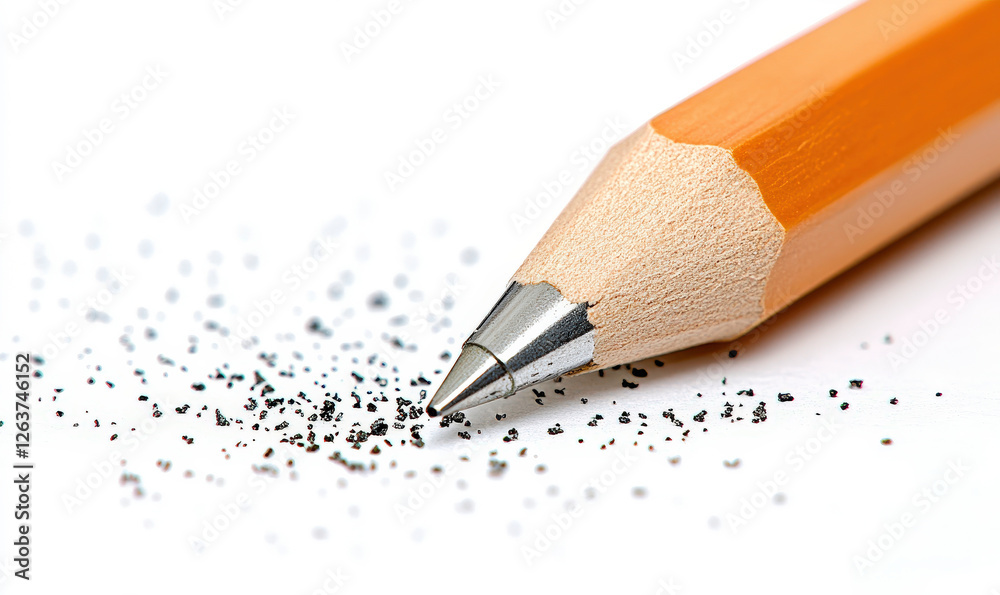 Close-up of sharpened wooden pencil on white background with graphite shavings scattered around, showcasing writing tools and artistry in detail Close-up of sharpened wooden pencil on white background with graphite shavings scattered around, showcasing writing tools and artistry in detail