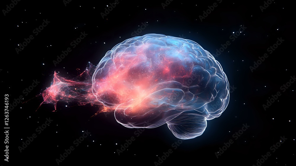 Glowing translucent human brain with neural connections and energy trails floating in cosmic space, pink and blue colors illuminate anatomical structure against starry background. Glowing translucent human brain with neural connections and energy trails floating in cosmic space, pink and blue colors illuminate anatomical structure against starry background.