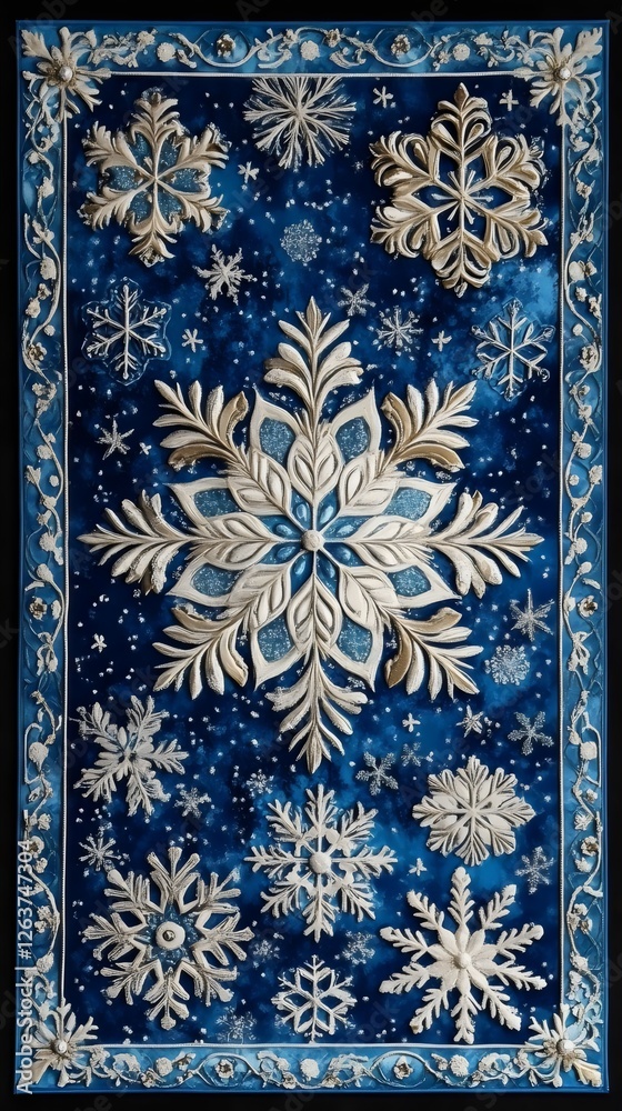 A blue and white snowflake patterned rug with a blue background A blue and white snowflake patterned rug with a blue background