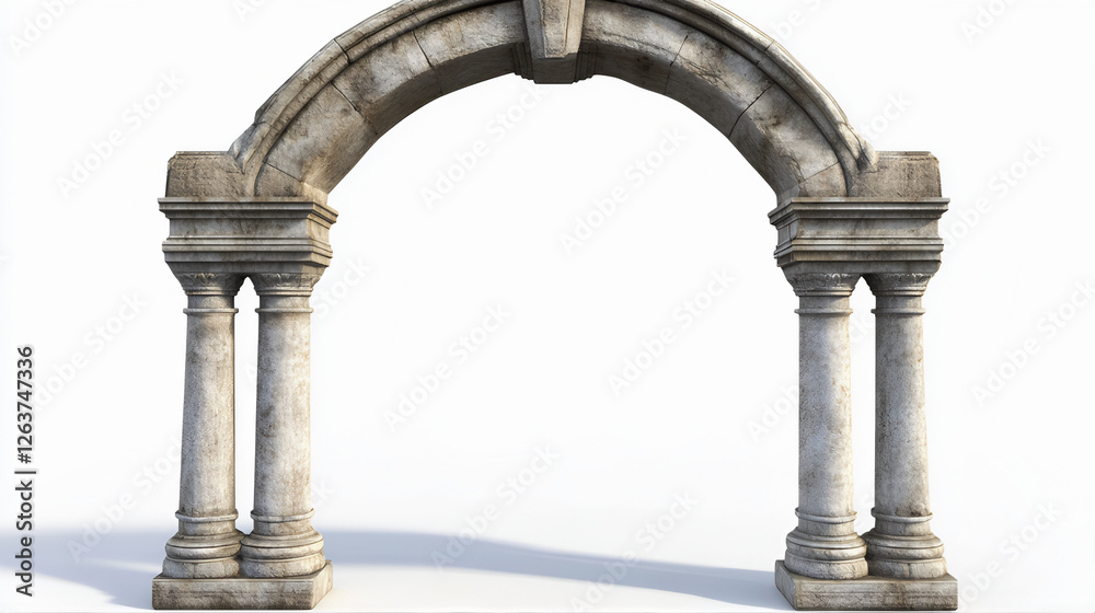 Naklejka premium Antique vintage ancient greek archway columns. Classic roman architectural design. Vintage stone archway of Constantine isolated on white, colonnade in the city. Arches of the ancient roman theatre