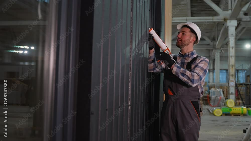 Construction worker sealing modular home window frame Construction worker sealing modular home window frame